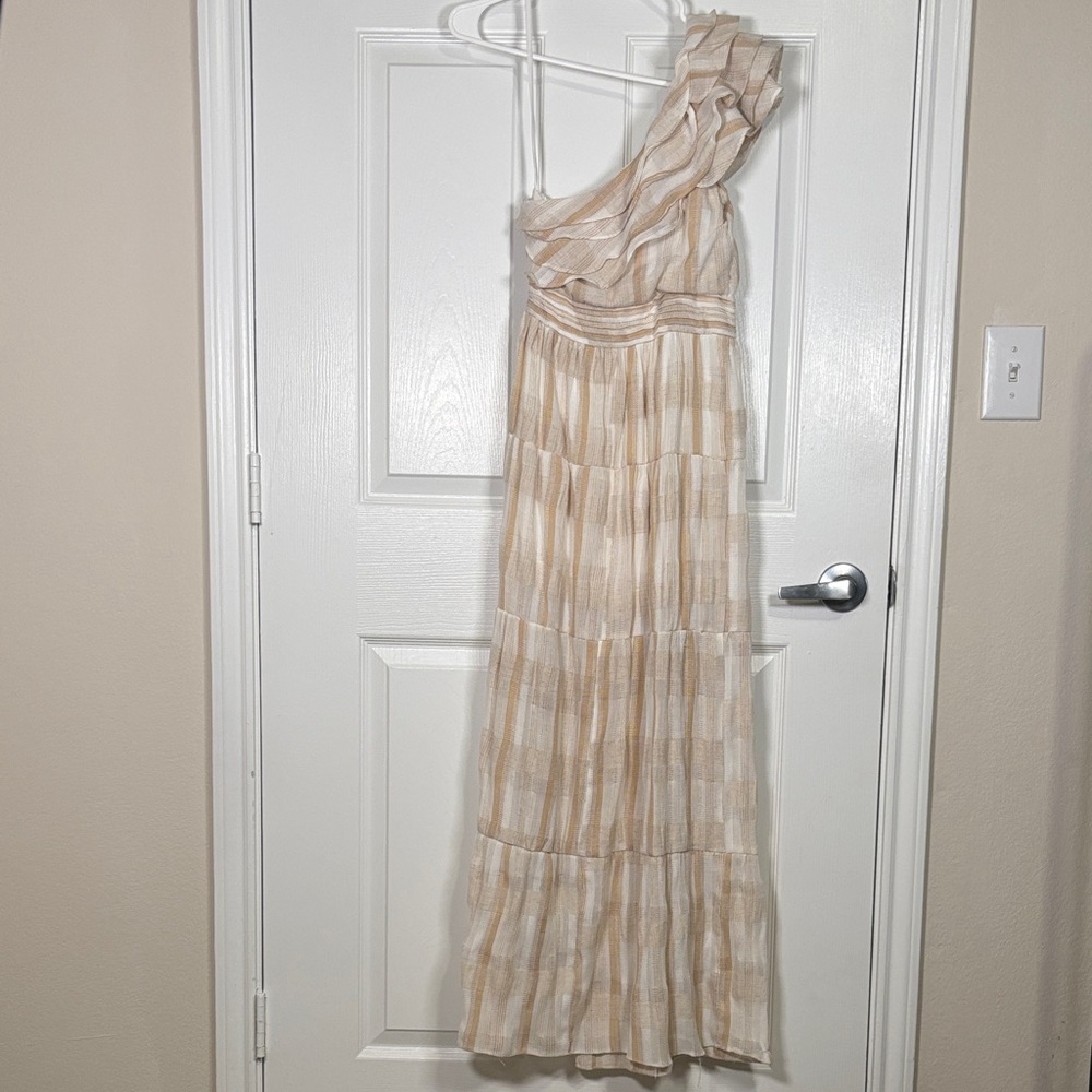 Tularosa One-Shoulder Ruffle Maxi Dress Beige Stripe XXS - Picture 3 of 4